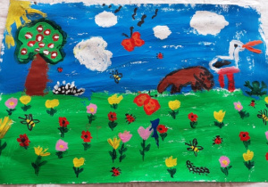 „Zwierzęta na łące" – praca plastyczna wykonana przez Lenę W. która namalowała wiosenną łąkę farbami. Na dole, na zielonym tle widać mnóstwo kolorowych kwiatów, motylki, dżdżownice, biedronki. Powyżej, na niebieskim tle namalowane są chmurki, ptaki, motyle i biedronki. Po lewej stronie pracy na górze świeci słonko, poniżej rośnie drzewo. Pod drzewem przycupnął jeż.